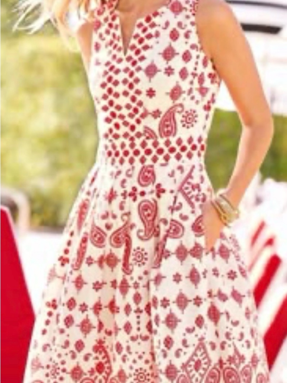 Talbots Red White Paisley Fit & Flare Midi Dress Sleeveless 100% Cotton Size 6